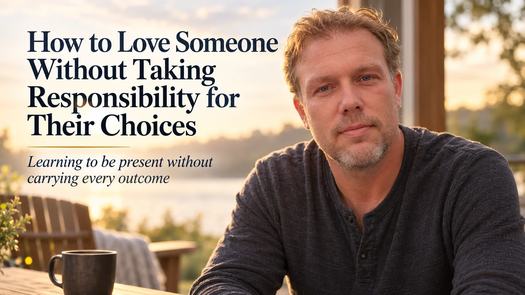 Donald Faulknor sitting peacefully outdoors at sunset beside an empty chair, with warm golden light and a calm, reflective expression. The image includes the title “How to Love Someone Without Taking Responsibility for Their Choices” and the subtitle “Lea