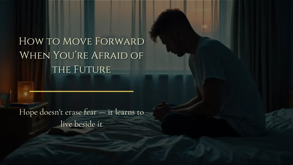 A man sits quietly on the edge of a bed before sunrise beside a Bible, journal, and soft morning light.