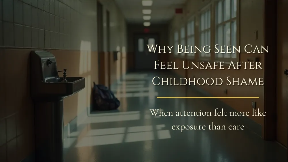 An empty school hallway with a water fountain and backpack, representing childhood shame and the fear of being noticed.