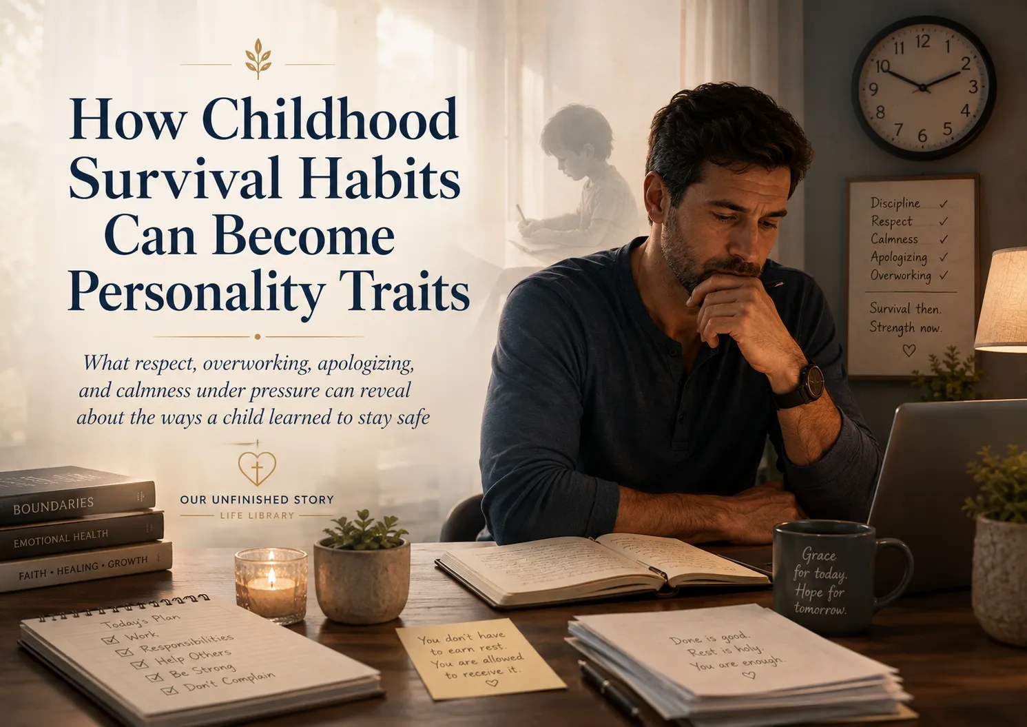 A reflective man sits at a desk surrounded by work and reminders to rest, with the faint image of a child behind him representing childhood survival habits carried into adulthood.