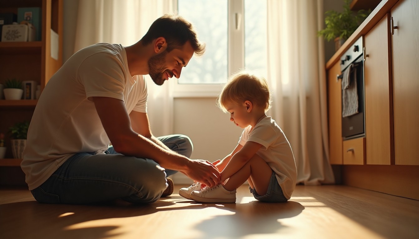 A child quietly watching their father during an ordinary home moment, representing the habits, reactions, and quiet lessons children learn by example.