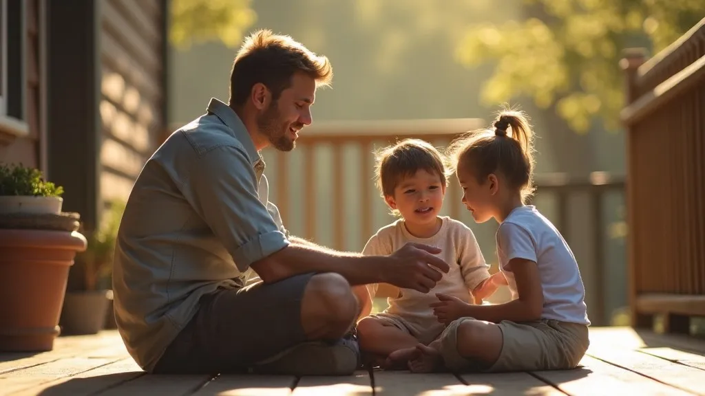 A father sitting with his children during a quiet everyday moment, representing the choice to value presence over productivity.
