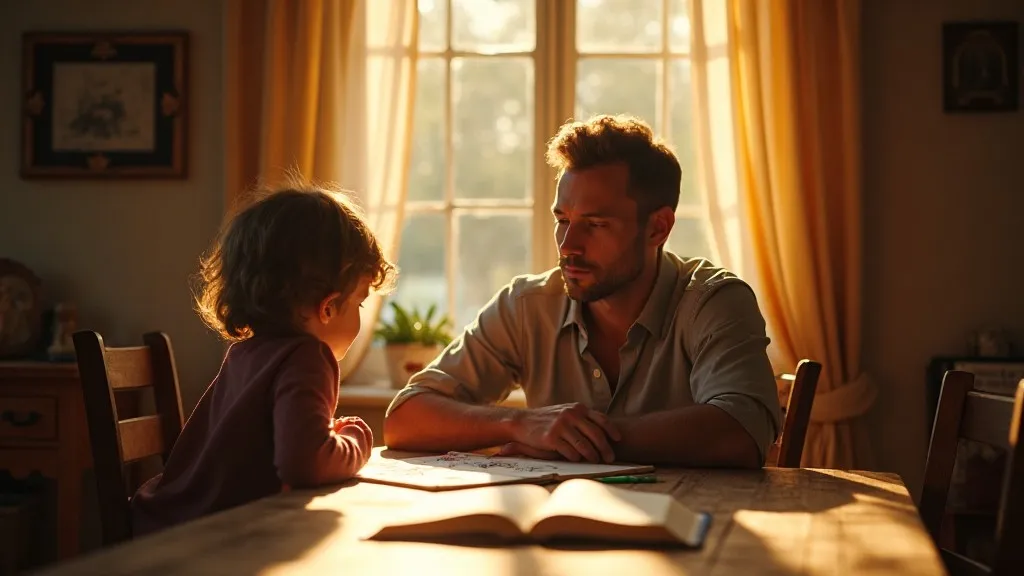 A father sitting calmly beside a child’s empty chair at a kitchen table, representing patient discipline and the choice not to pass down pain.