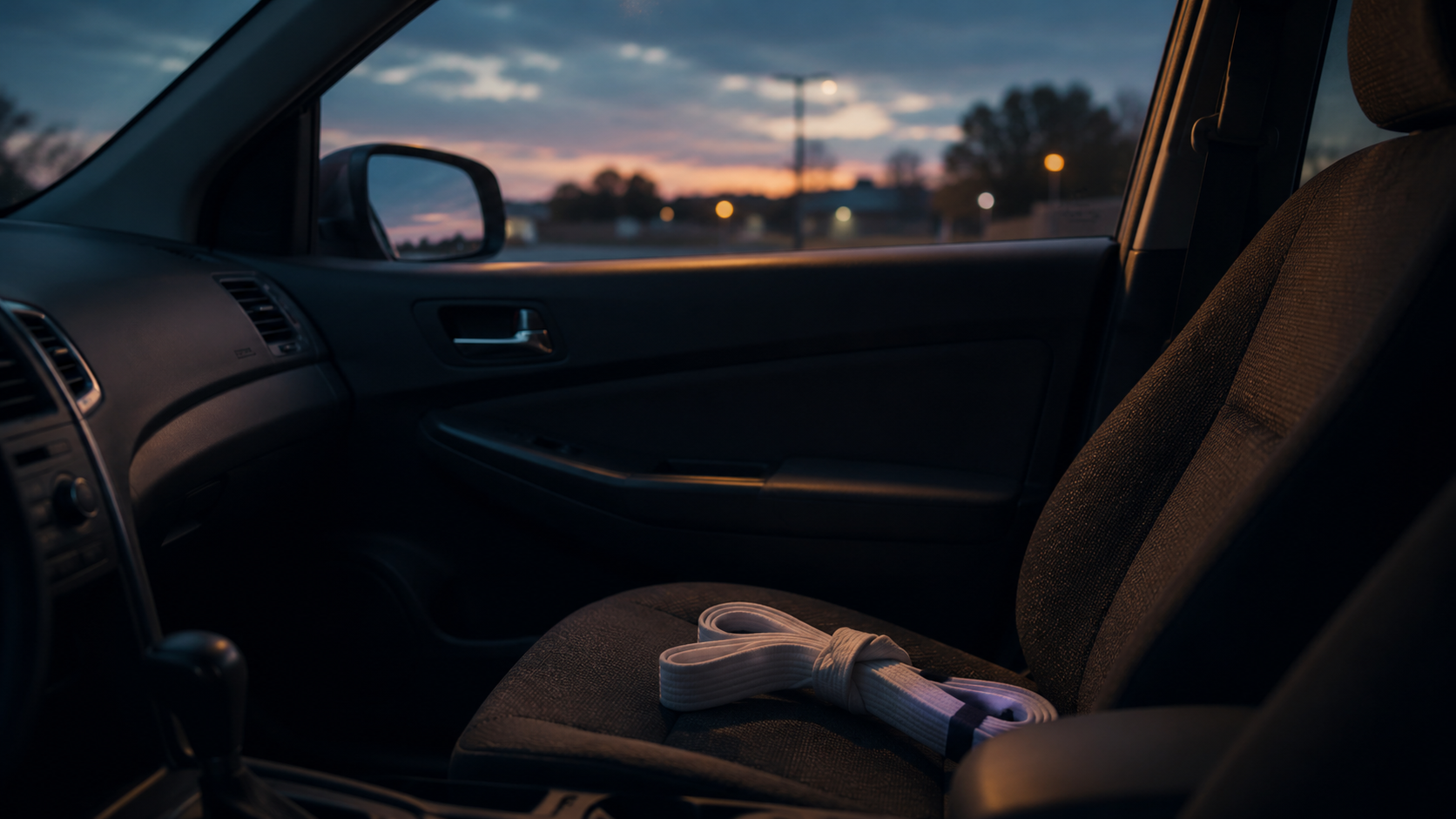 An empty car seat at dusk with a folded martial arts belt resting on it, symbolizing young loss, grief, and the memory of a friend.