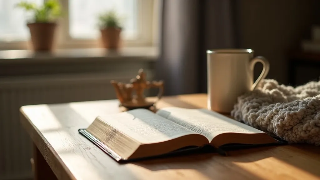 An open Bible beside a simple cup in soft morning light, representing quiet faith, daily routine, and spiritual consistency.