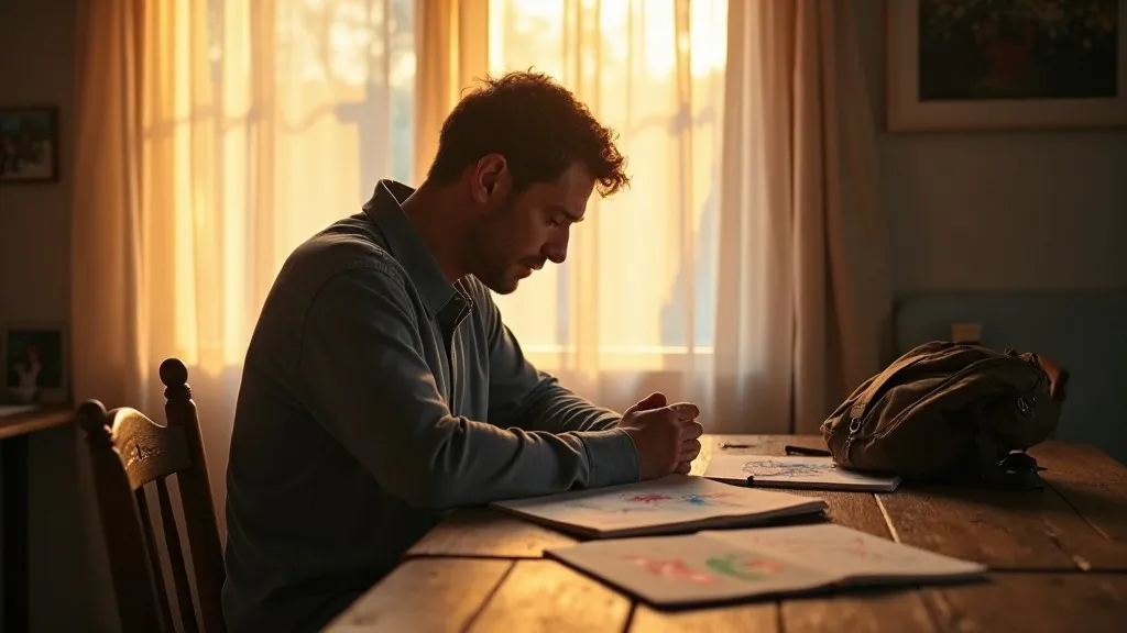 A father sitting quietly near a window with school papers nearby, representing worry about his children’s future and learning to guide without control.