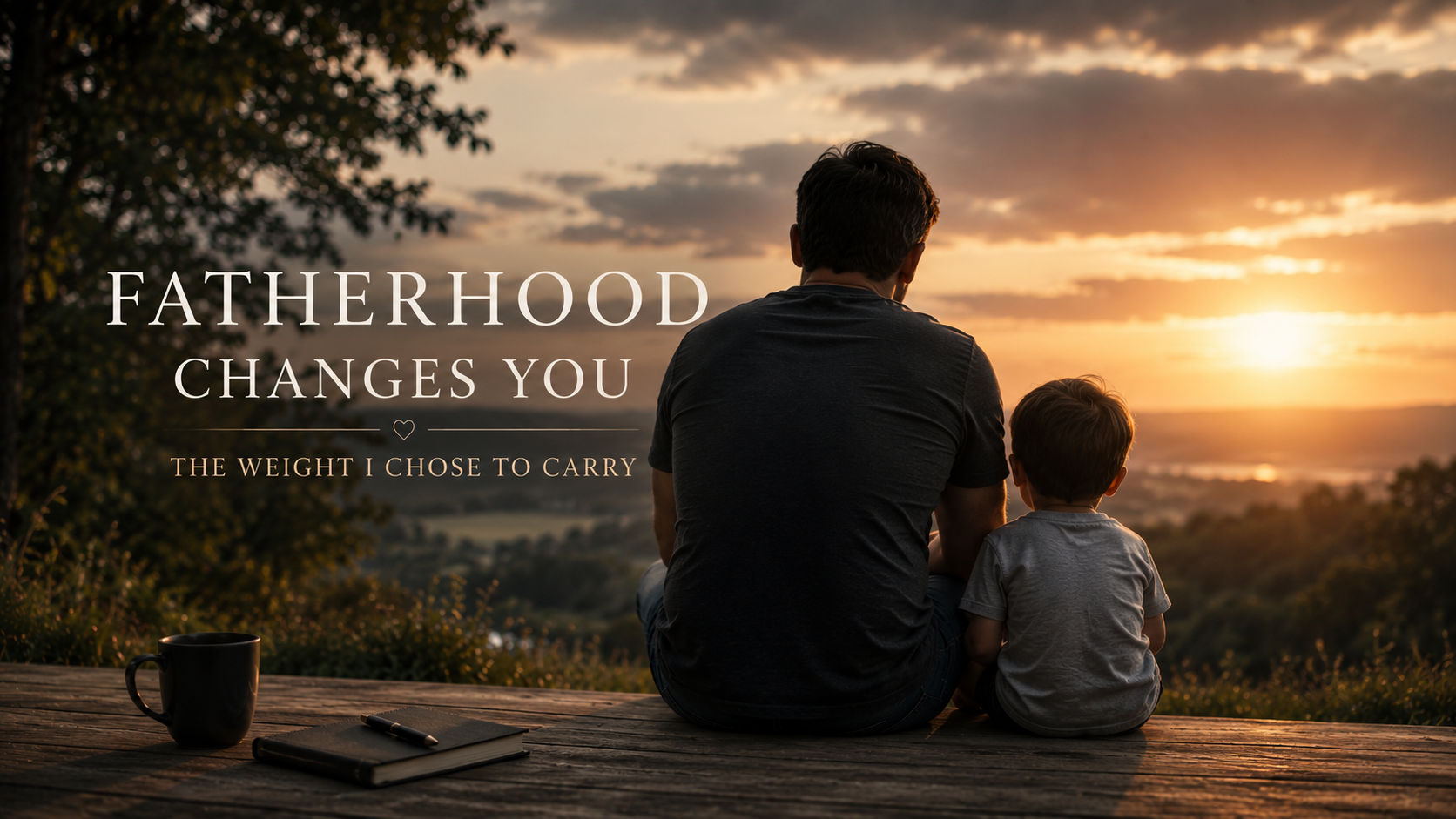 A father and young child sitting together at sunset overlooking a peaceful landscape, reflecting on how fatherhood changes identity, responsibility, and love.