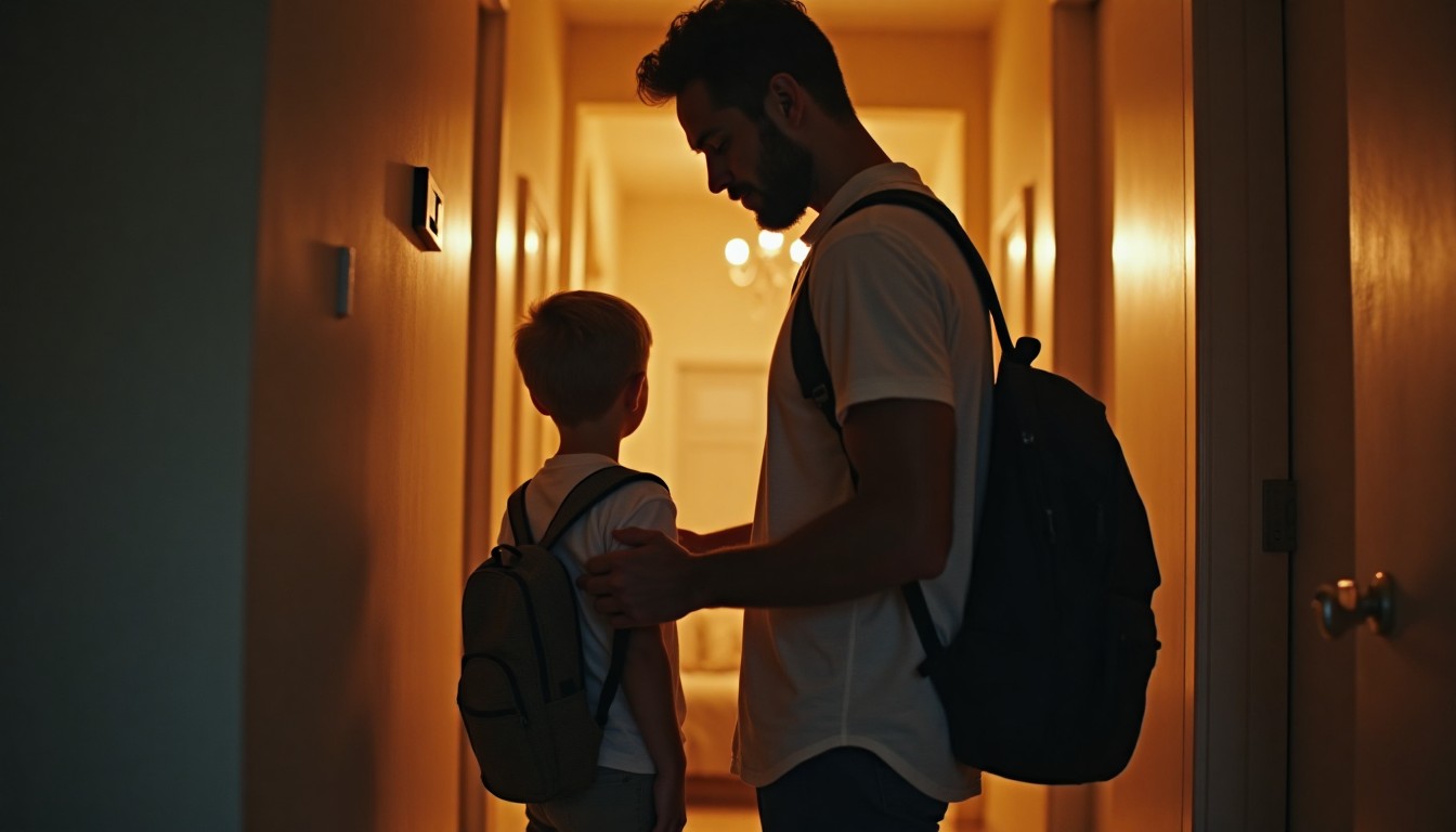 A father standing quietly in a warm evening home while holding a child’s lunchbox or backpack, representing responsibility, steady care, and love shown through ordinary fatherhood moments.