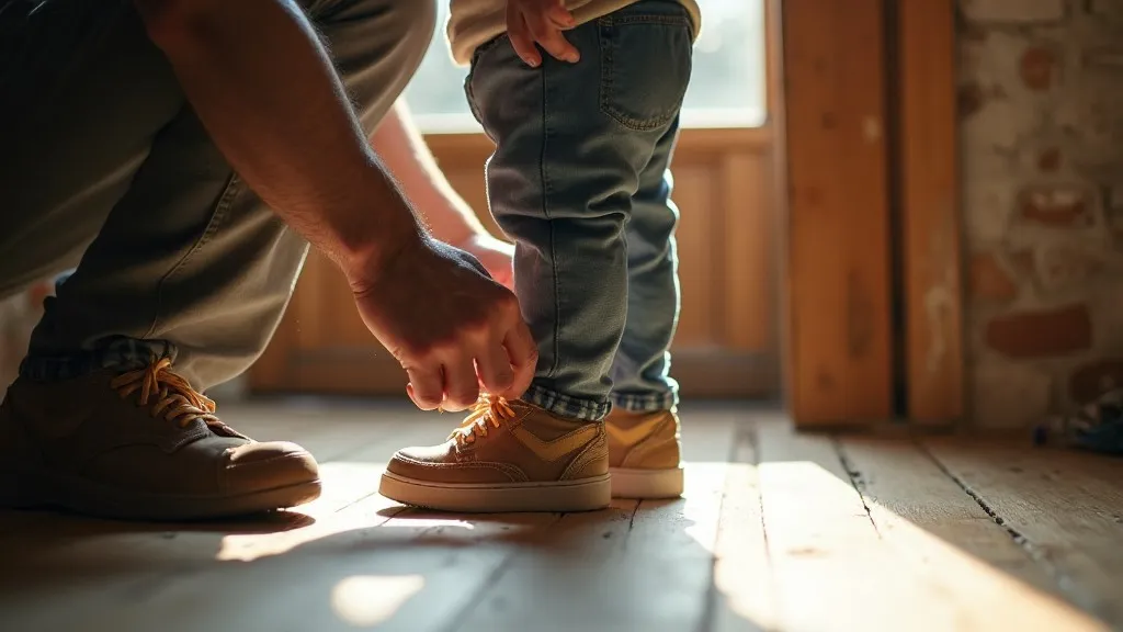 A father’s hands holding a small child’s shoes near a quiet doorway, representing the daily sacrifice and responsibility of fatherhood.