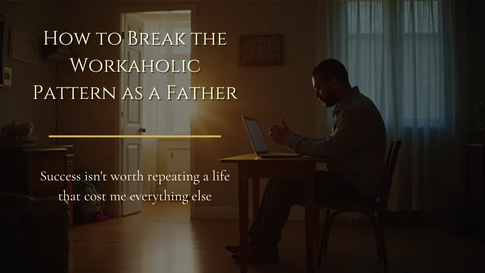 A father closes his laptop in a quiet home office beside a Bible, notebook, coffee mug, children’s backpack, and soft evening light.