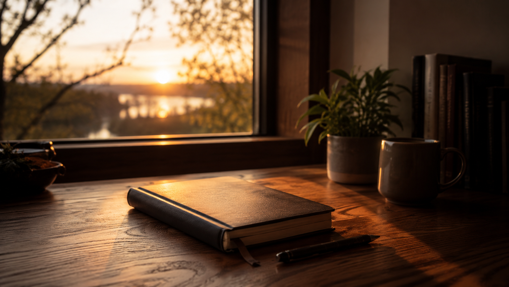 A quiet desk near a window with a closed journal and soft evening light, symbolizing restraint, reflection, and learning to pause before reacting.