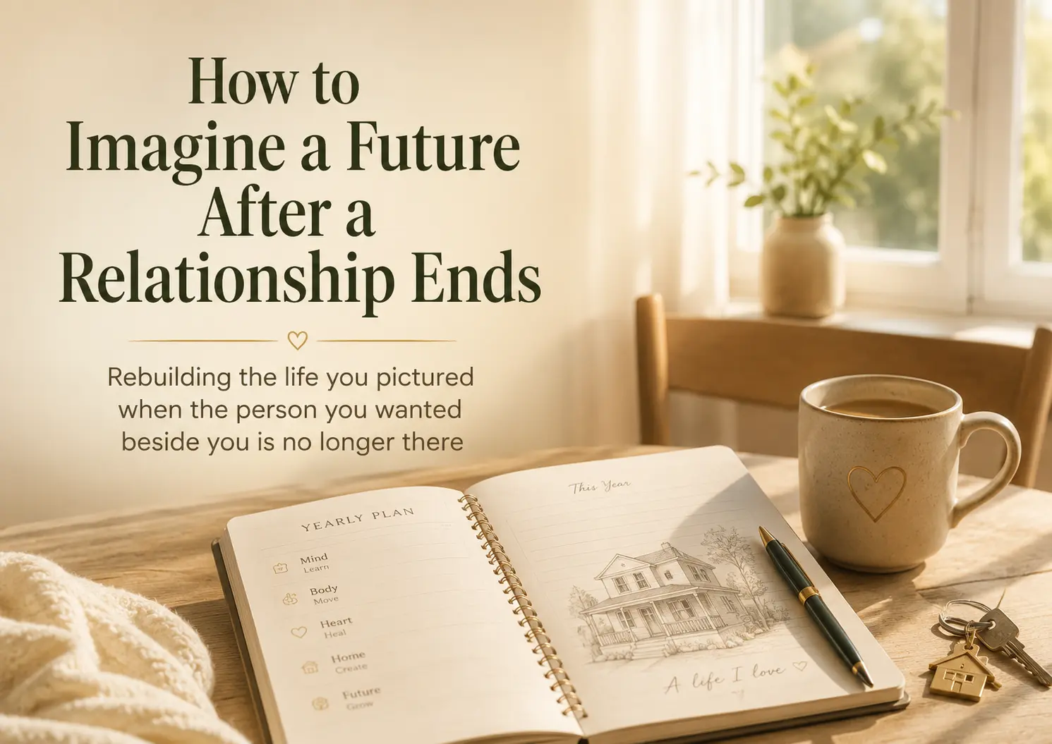 An open yearly planner, coffee mug, house keys, and a sketch of a home on a sunlit table, representing rebuilding a future after a relationship ends.