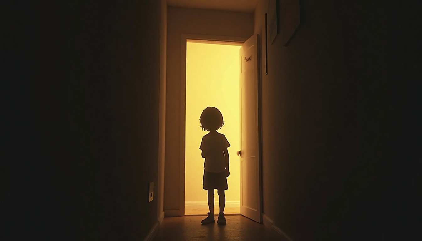 A young person standing quietly in a dim hallway while warm light glows from another room, representing how inconsistent love in childhood can shape trust and relationships later in life.