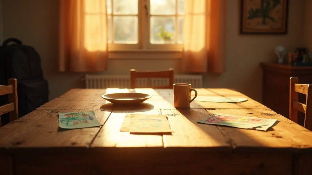 A quiet kitchen table with children’s items, dishes, and warm morning light, representing the ordinary routines that shape family life.