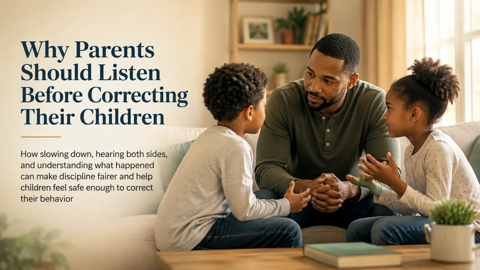 A father calmly listens to two children during a family conversation, representing fair discipline and understanding before correction.
