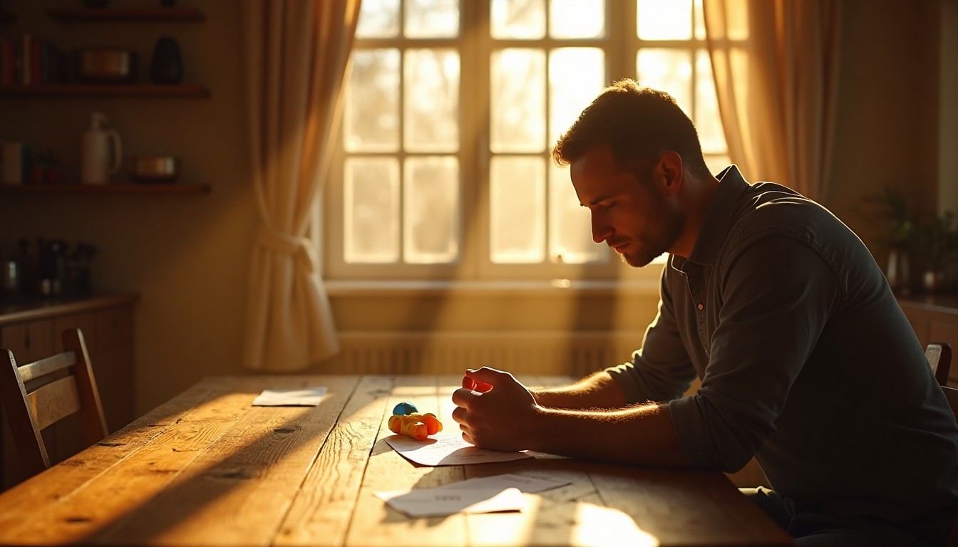 A father sitting quietly in a warm evening home with a child’s toy or homework nearby, representing patience, restraint, and the quiet inner work of fatherhood.
