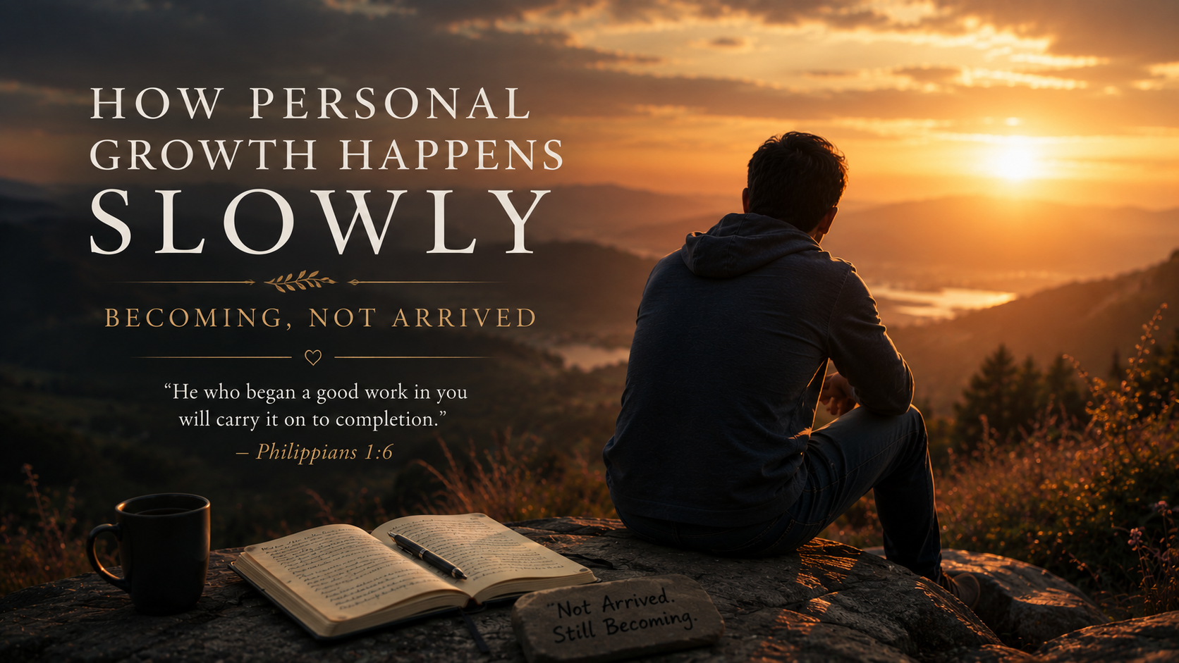 A man sitting on a mountain overlook at sunrise beside an open journal, reflecting on slow personal growth, healing, faith, and the ongoing process of becoming.