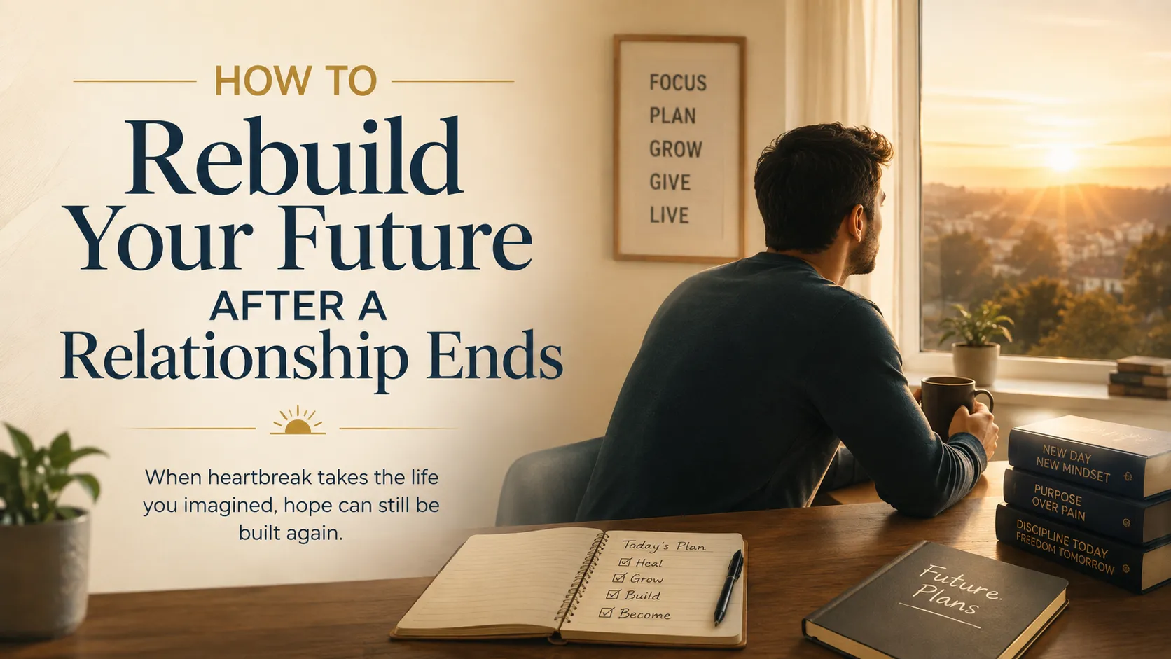 A reflective man looks toward a sunrise from a quiet room with a notebook and future plans nearby, representing rebuilding hope and stability after a relationship ends.