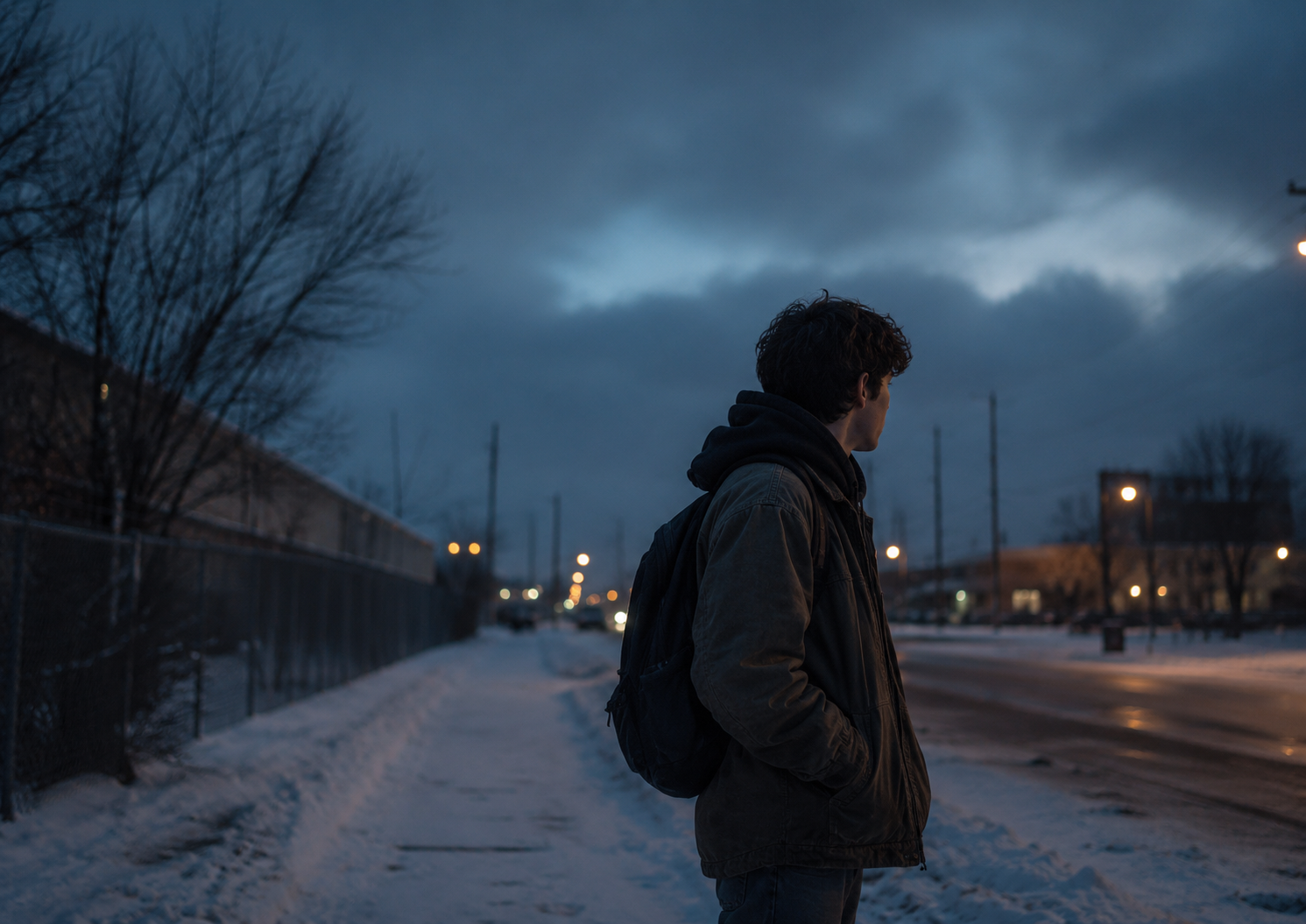 A young person standing alone near a quiet winter street at night, representing homelessness at 17, survival, loneliness, and the search for safety.