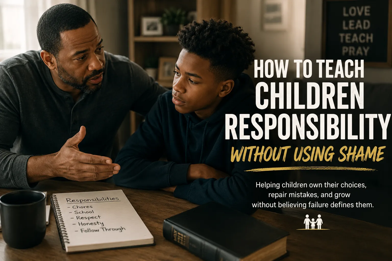 A father calmly talking with his teenage son beside a written responsibility list, representing accountability, guidance, and teaching without shame.