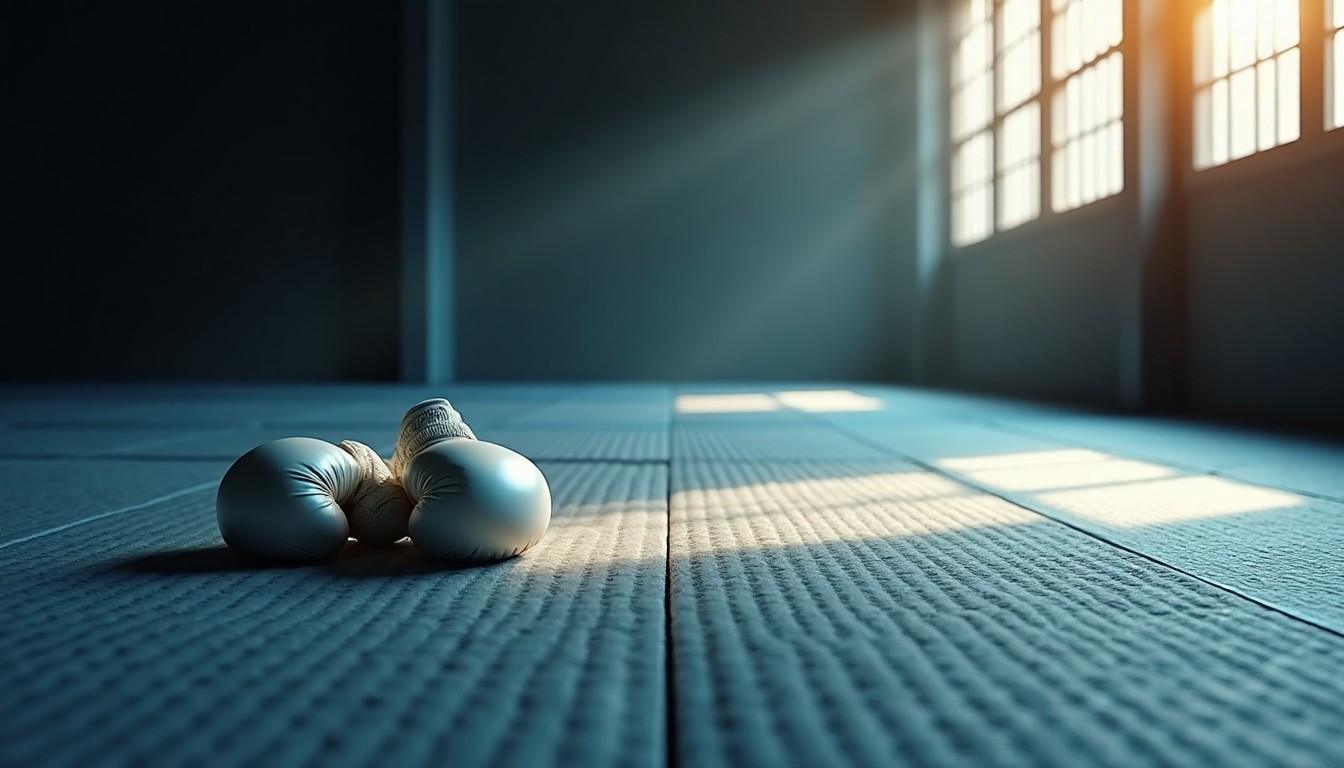 An empty martial arts training mat with soft light and a folded belt, symbolizing predictable pain, survival, and learning safety after trauma.