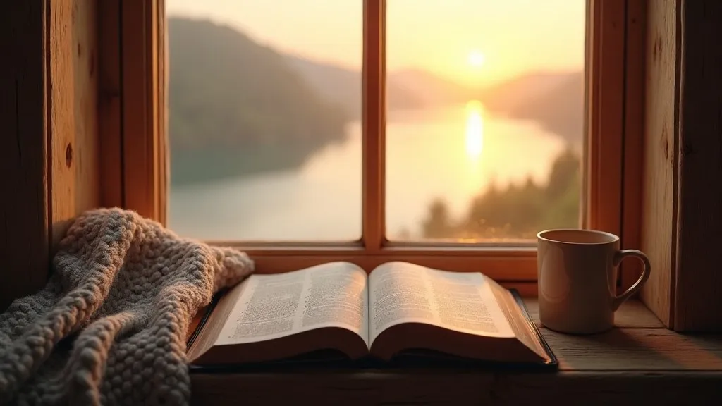 An open Bible on a windowsill at sunrise with a quiet cup nearby, representing trusting God’s presence during silent seasons.
