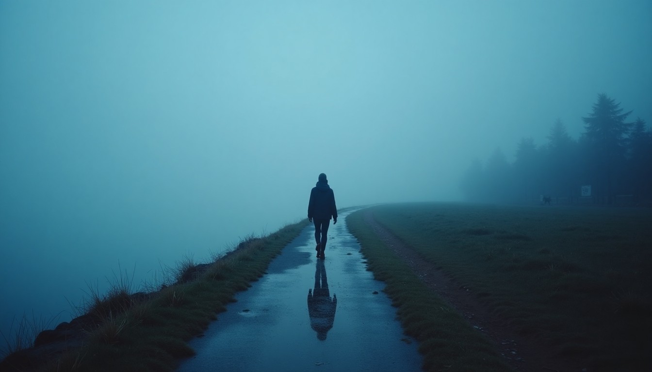 A lone person walking quietly at dusk under muted blue light, symbolizing choosing peace and solitude instead of staying in the wrong relationship.