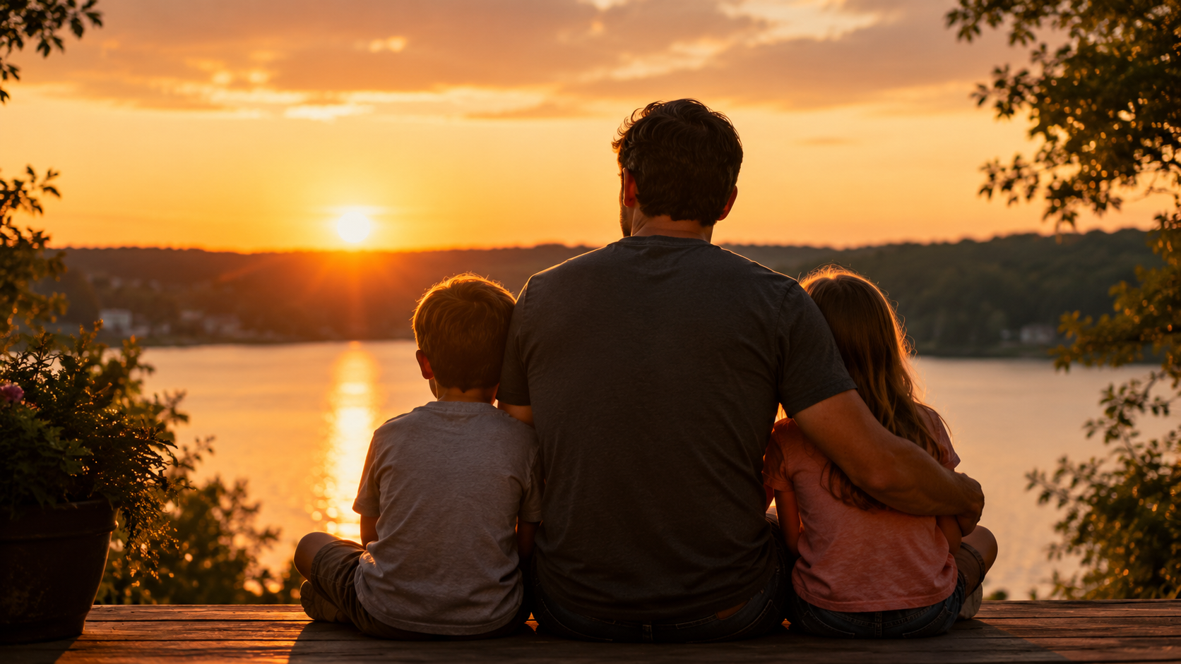 A father and his children looking toward a quiet horizon in soft evening light, symbolizing legacy, fatherhood, and the memories children carry into the future.